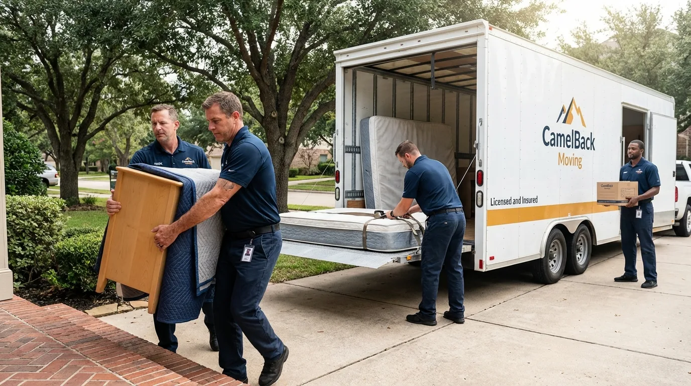 Crew loading residential truck for cross-state move from Pocahontas, IA
