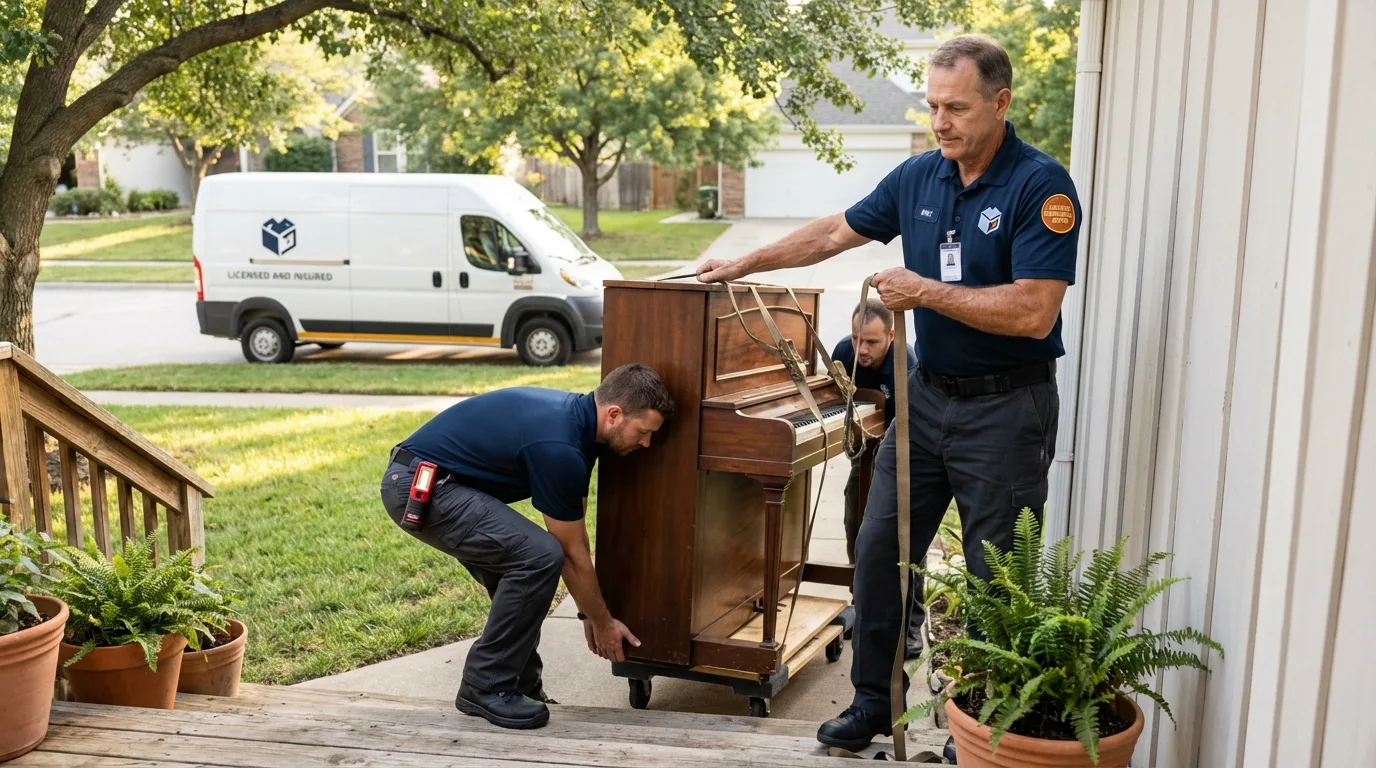 Licensed piano movers securing grand piano in Pocahontas, IA