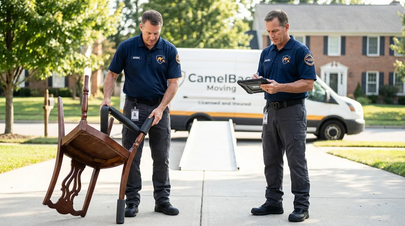 Movers inspecting furniture for damage prevention before loading in Pocahontas, IA