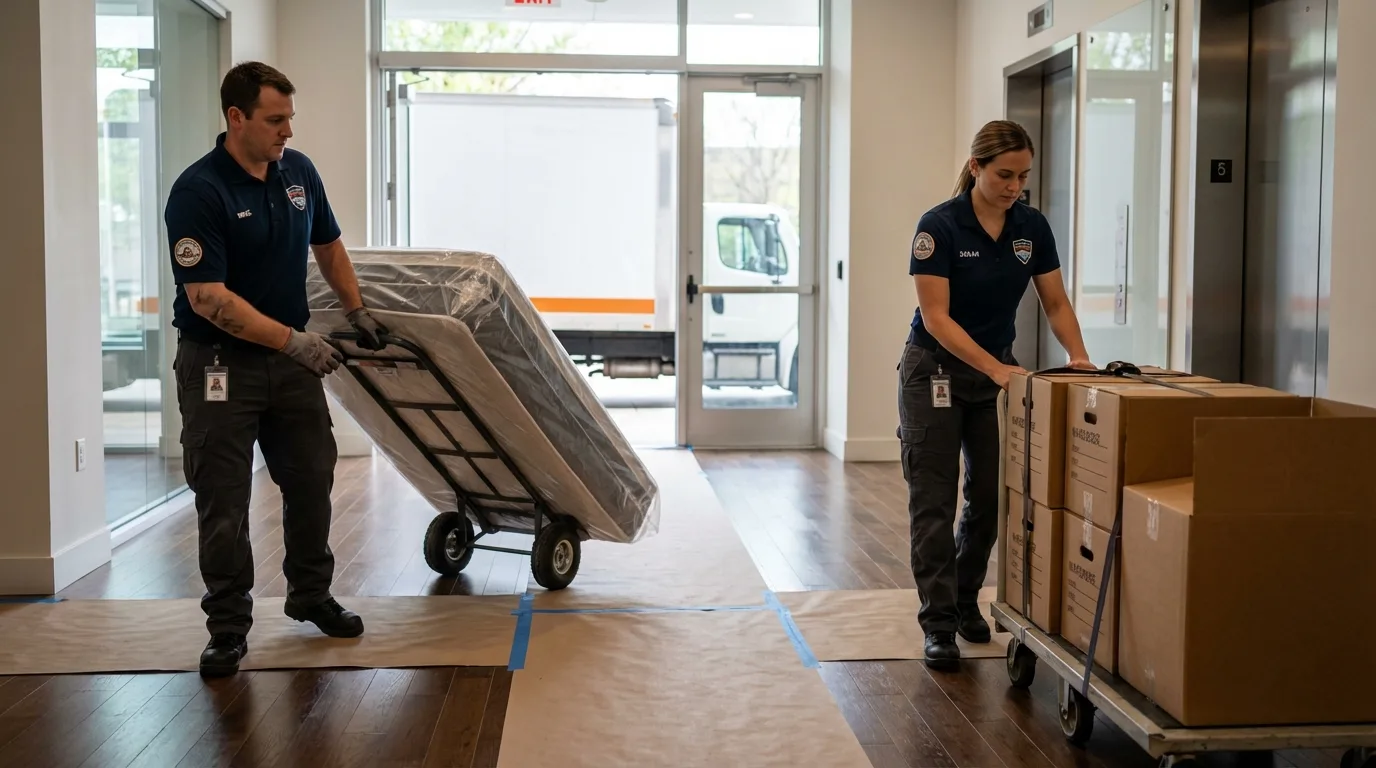 Professional apartment movers loading elevator in Pocahontas, IA