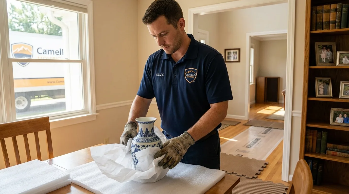 Professional crew carefully wrapping antique vase for senior downsizing move in Pocahontas, IA
